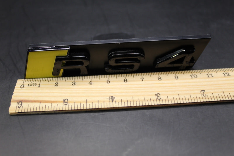 Gloss Black Yellow RS4 Front Grille Stick-On & Rear Boot Badge Set Fit For AUDI
