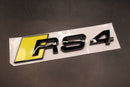 Gloss Black Yellow RS4 Front Grille Stick-On & Rear Boot Badge Set Fit For AUDI