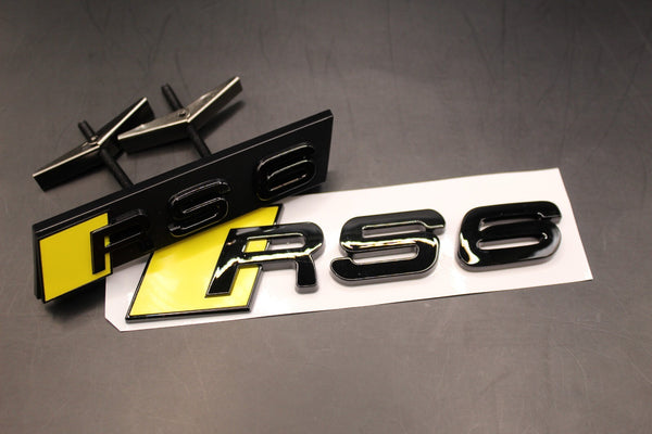 Gloss Black Yellow RS6 Front Grille Honeycomb & Rear Boot Badge Set Fit For AUDI