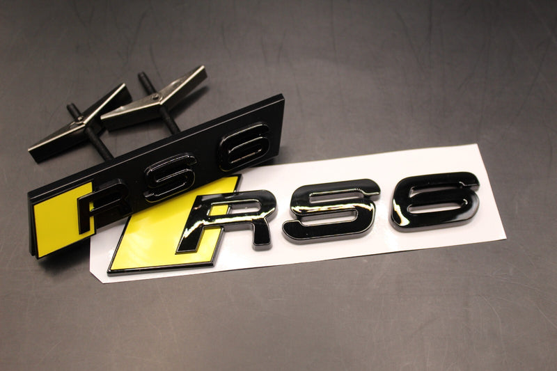 Gloss Black Yellow RS6 Front Grille Honeycomb & Rear Boot Badge Set Fit For AUDI