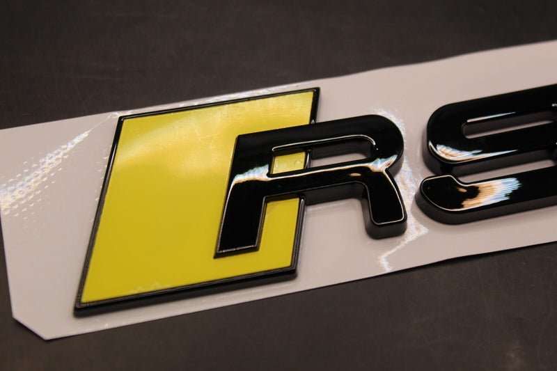 Gloss Black Yellow RS8 Front Grille Stick-On & Rear Boot Badge Set Fit For AUDI