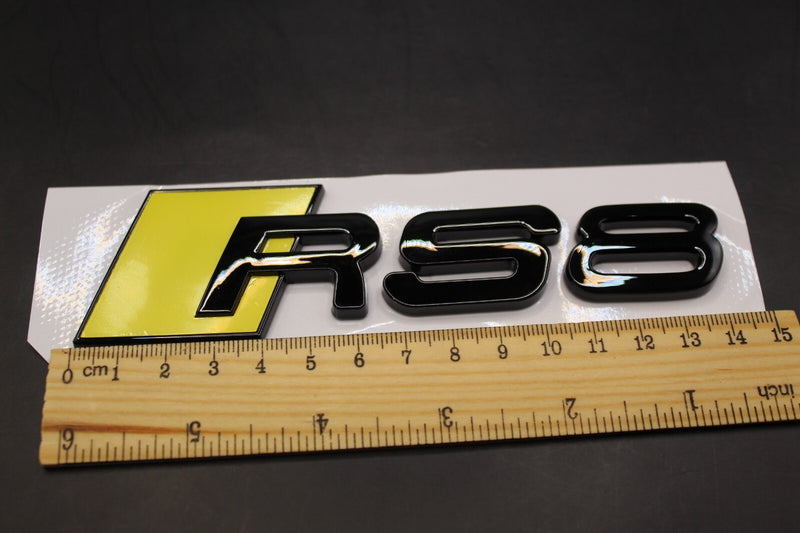 Gloss Black Yellow RS8 Front Grille Stick-On & Rear Boot Badge Set Fit For AUDI