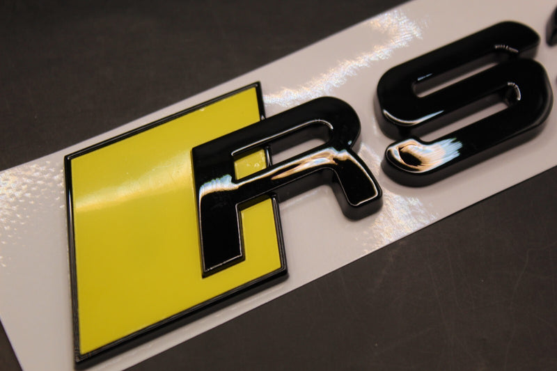 Gloss Black Yellow RS3 Front Grille Honeycomb & Rear Boot Badge Set Fit For AUDI