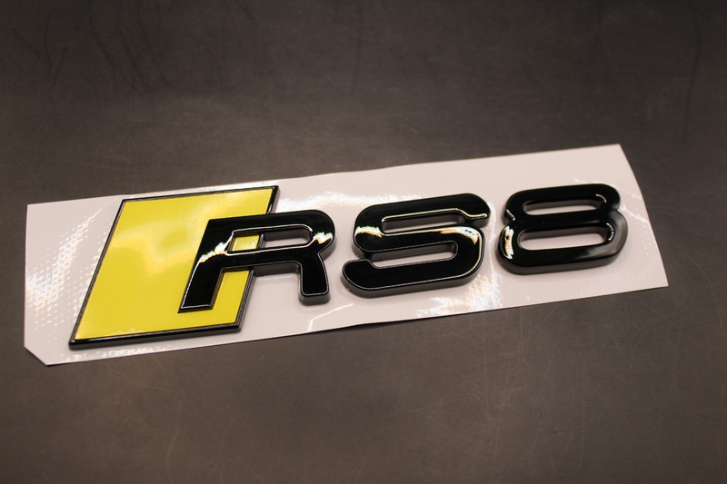 Gloss Black Yellow RS8 Front Grille Stick-On & Rear Boot Badge Set Fit For AUDI
