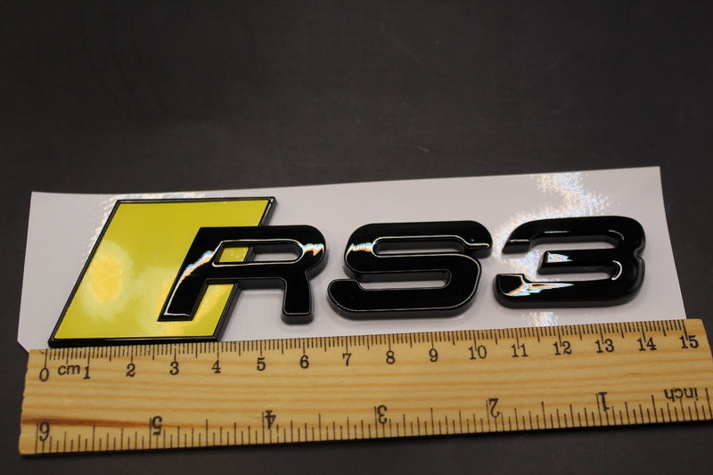 Gloss Black Yellow RS3 Front Grille Honeycomb & Rear Boot Badge Set Fit For AUDI