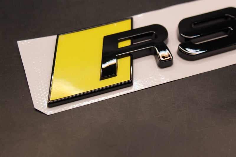 Gloss Black Yellow RS4 Front Grille Stick-On & Rear Boot Badge Set Fit For AUDI