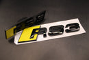 Gloss Black Yellow RS3 Front Grille Stick-On & Rear Boot Badge Set Fit For AUDI