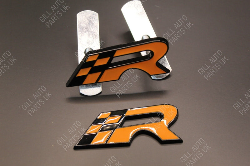 Orange Chequered Flag R Racing Front Grille And Rear Boot Badge Set Kit For Seat