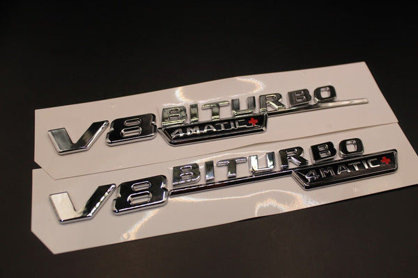 2pcs Chrome Silver Flat V8 BITURBO 4MATIC+ Fender side Wing badge For Mercedes