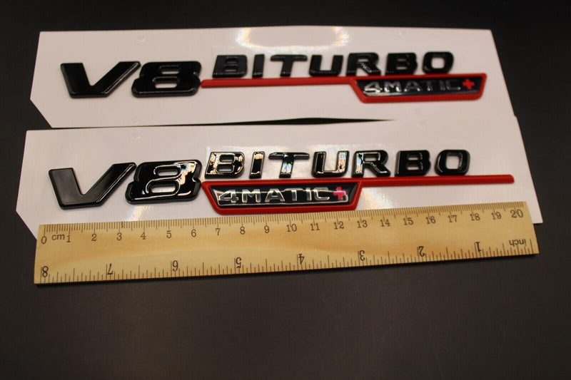 2pcs Gloss Black Red Flat V8 BITURBO 4MATIC+ Fender side Wing badge For Mercedes