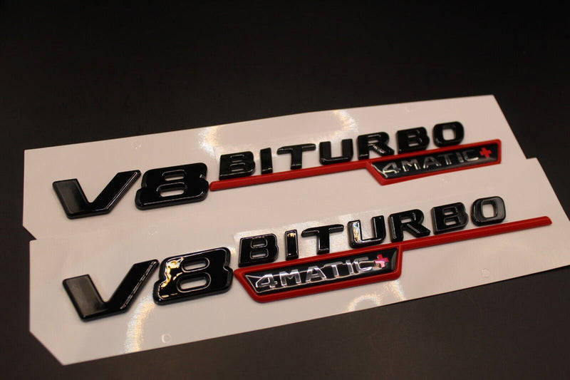 2pcs Gloss Black Red Flat V8 BITURBO 4MATIC+ Fender side Wing badge For Mercedes