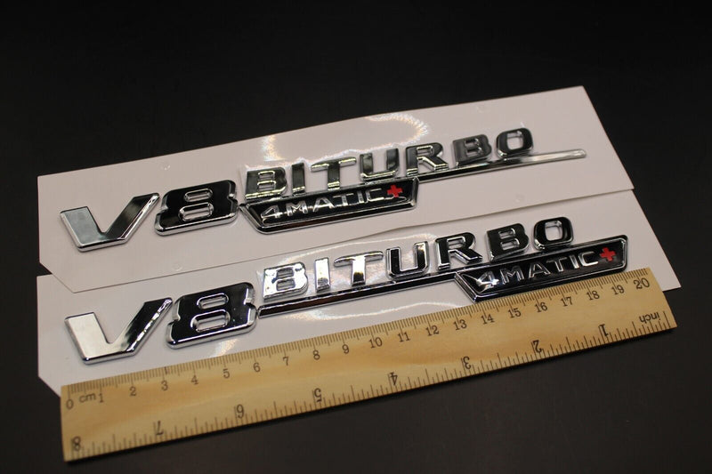 2pcs Chrome Silver Flat V8 BITURBO 4MATIC+ Fender side Wing badge For Mercedes