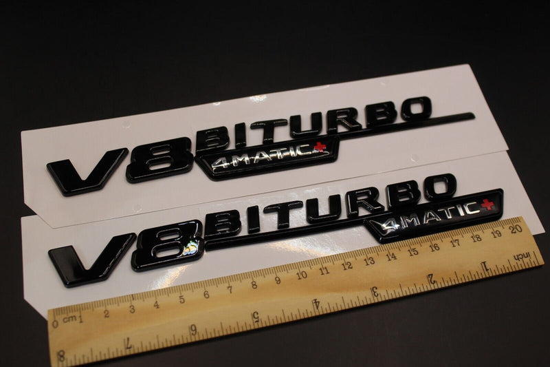 2pcs Gloss Black Flat V8 BITURBO 4MATIC+ Fender side Wing badge For Mercedes