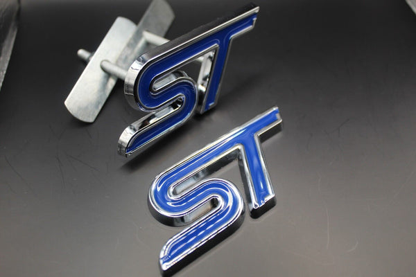 Blue Silver Grille & Rear Boot Set ST Badge For Ford Letters Emblem Front & Back