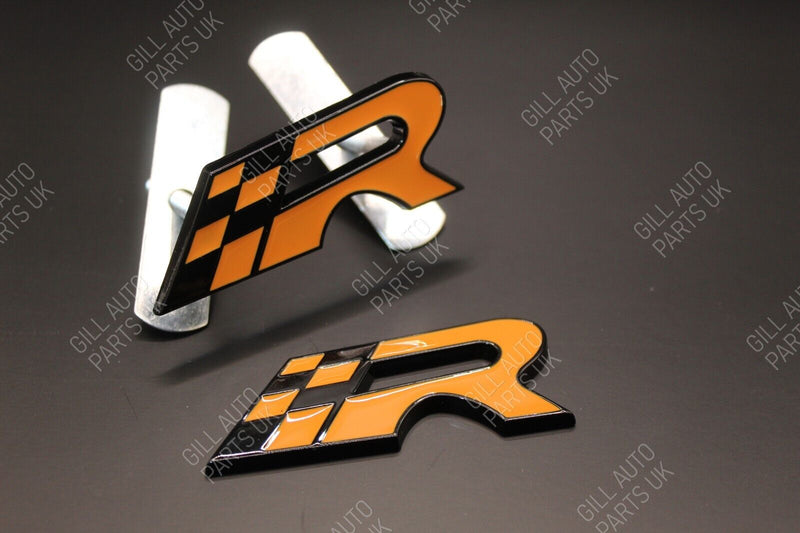 Orange Chequered Flag R Racing Front Grille And Rear Boot Badge Set Kit For Seat