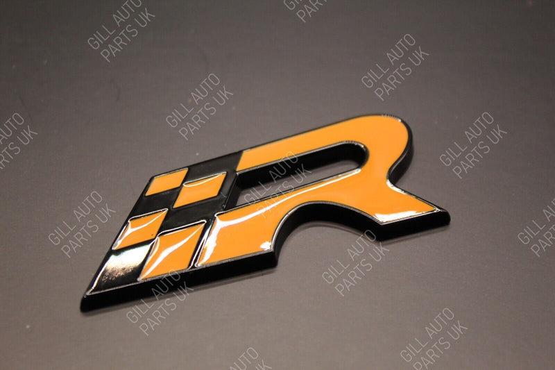 Orange Chequered Flag R Racing Front Grille And Rear Boot Badge Set Kit For Seat