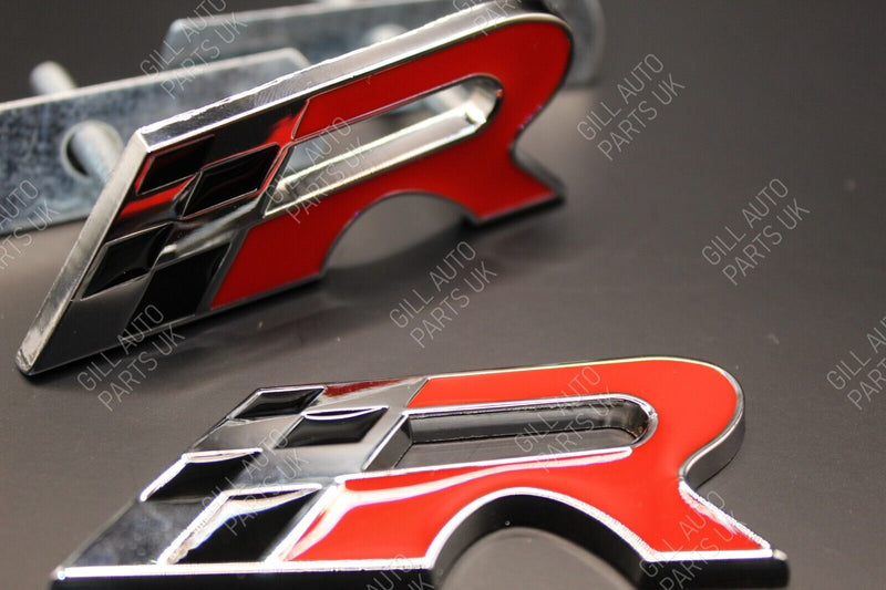 Red Chrome Chequered Flag R Racing Front Grille And Rear Boot Badge Set For Seat