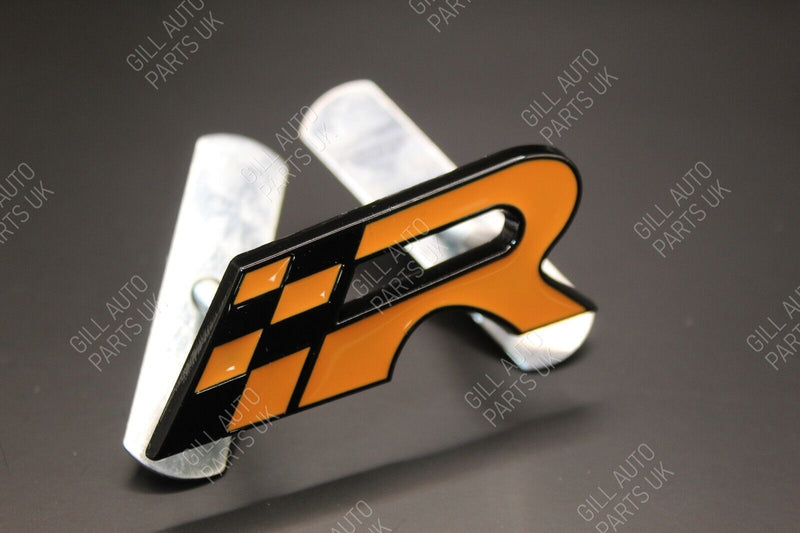 Orange Chequered Flag R Racing Front Grille And Rear Boot Badge Set Kit For Seat