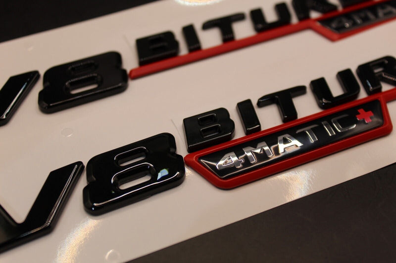 2pcs Gloss Black Red Flat V8 BITURBO 4MATIC+ Fender side Wing badge For Mercedes