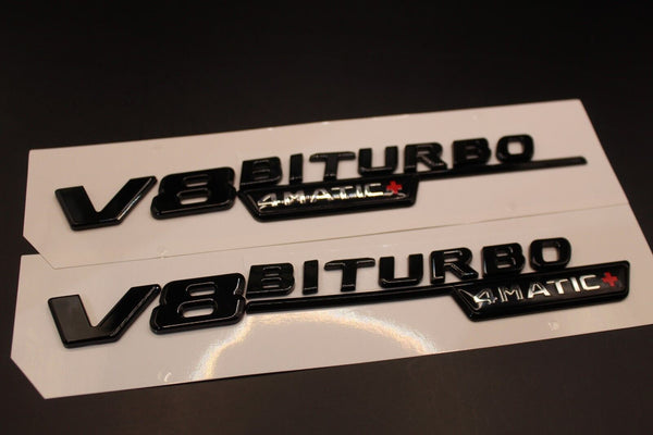 2pcs Gloss Black Flat V8 BITURBO 4MATIC+ Fender side Wing badge For Mercedes