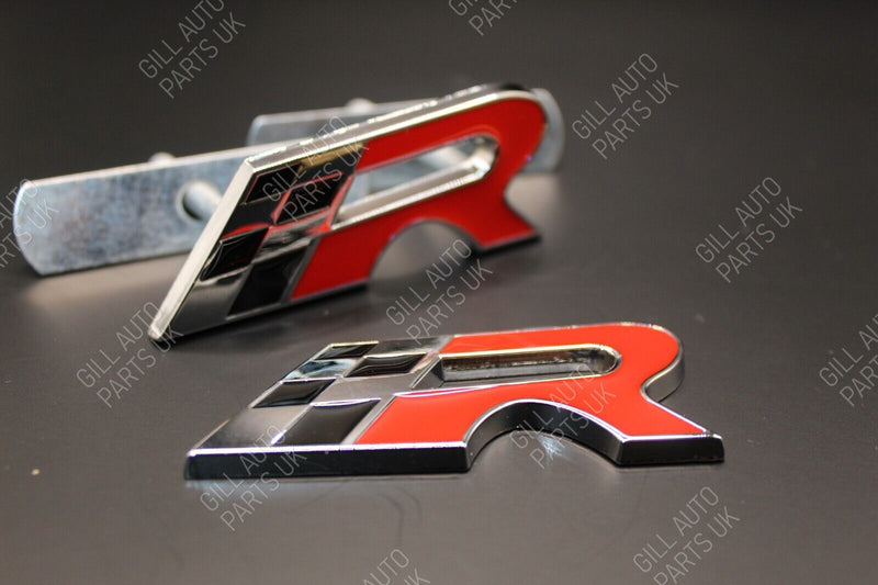 Red Chrome Chequered Flag R Racing Front Grille And Rear Boot Badge Set For Seat