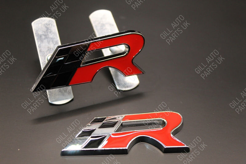 Red Chrome Chequered Flag R Racing Front Grille And Rear Boot Badge Set For Seat