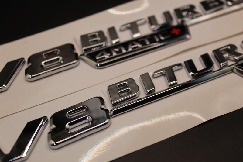 2pcs Chrome Silver Flat V8 BITURBO 4MATIC+ Fender side Wing badge For Mercedes