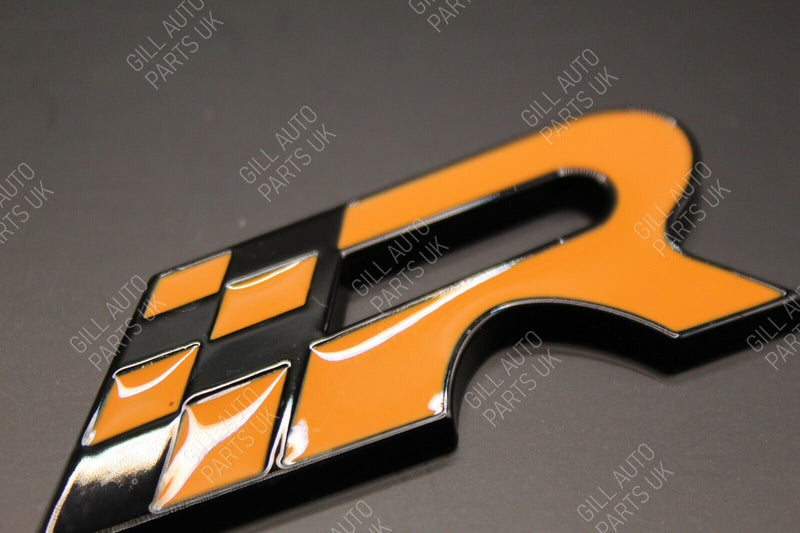 Orange Chequered Flag R Racing Front Grille And Rear Boot Badge Set Kit For Seat